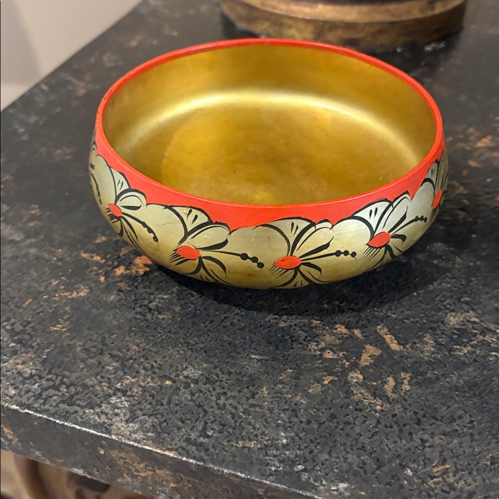 /Vintage hand painted decorative bowl of gold and flowers made in USSR